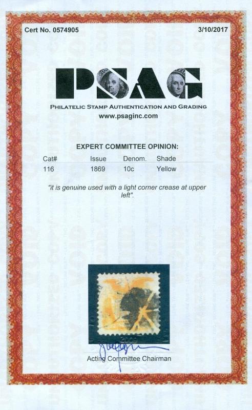 EDW1949SELL : USA 1869 Scott #116 Used. XF stamp. PSAG Certificate. Catalog $130