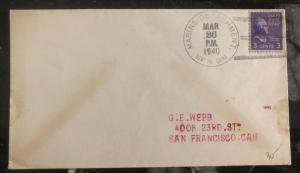 1936 US Navy Marines Post Office Tientsin China Cover to San Francisco Usa