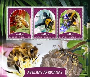 St Thomas - 2021 African Bees, Lowland Honey Bee - 3 Stamp Sheet - ST210542a