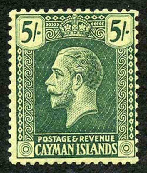 Cayman Is SG64b 5/- blue-green/pale yellow wmk Mult Crown CA m/m