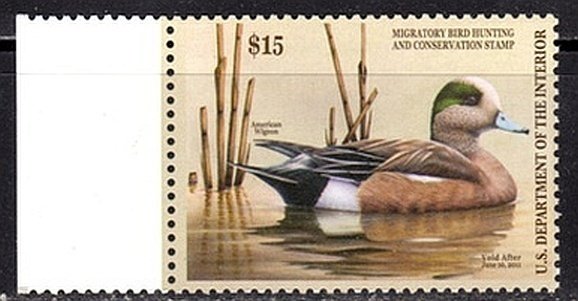 US Stamp #RW77 MNH American Wigeon Drake on Pond Water Left Margin Single