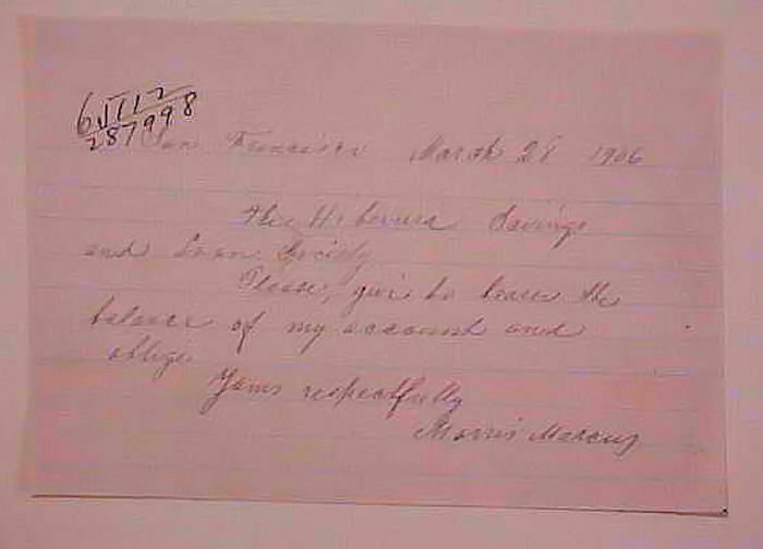 PALESTINE  USA AUTOGRAPH MORRIS MARCUS 1906 SAN FRANCISCO