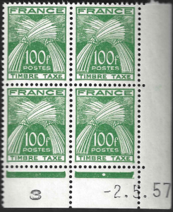 France J92 100fr Postage Due Coins Datés Block Wheat/Herbs MNH Blk4 CV$550 1953