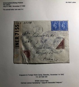 1942 Edgware England Censored Cover To Foreign World Camp Beaulieu France Bisect