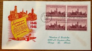 1946 FDC, #943, 3c Smithsonian Institution, CC/Boll M-8, block of 4