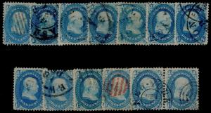 #63 DOT IN U (13) DIFFERENT CANCELS & SHADES USED CV $1,715.00 HV5978