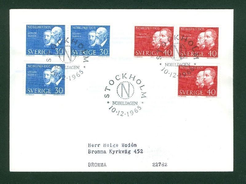 Sweden .FDC 1965 Nobel Prize  Winners 1905.  Adr: Bromma Engraver: A Wallhorn 