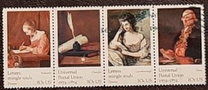 US Scott # 1534-1537; used 10c UPU, Letters from 1974; strip of 4; XF; off paper