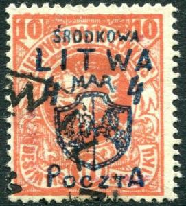 CENTRAL LITHUANIA-1920 Overprints 4m on 10s Red Sg 5 FINE USED V30237