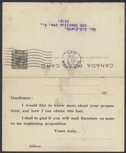 1920 GeoV Admiral 1c + 1c Reply PSC Oakoal Sales Agency Hamilton ONT
