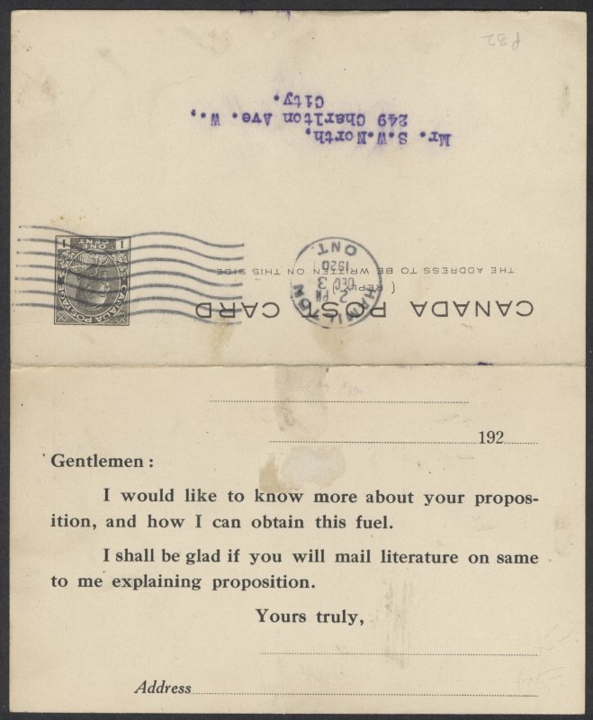 1920 GeoV Admiral 1c + 1c Reply PSC Oakoal Sales Agency Hamilton ONT