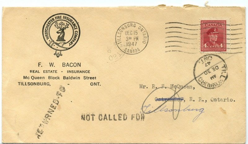 RETURNED TO / NOT CALLED FOR Fire Ins. 1947 War Issue advertising cover Canada