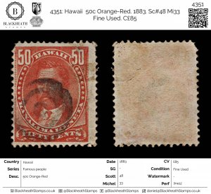 4351: Hawaii  50c Orange-Red. 1883. Sc#48 Mi33 Fine Used. C£85