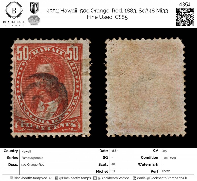 4351: Hawaii  50c Orange-Red. 1883. Sc#48 Mi33 Fine Used. C£85