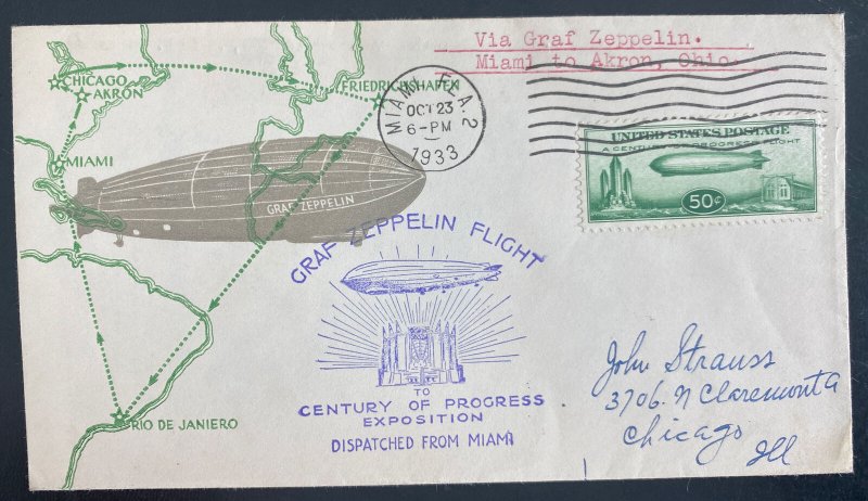 1933 Miami FL USA LZ 127 Graf Zeppelin cover To Century Of Progress Sc#C18