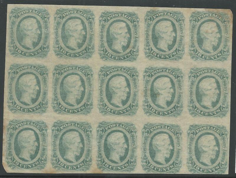 CSA Scott #12c (AD) Bluish-Green Mint OG LH Block of 15 Confederate Stamps VF