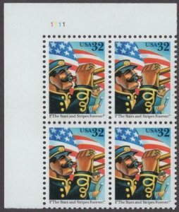 1997 The Stars and Stripes Forever Plate Block of 4 32c Stamps, Sc#3153, MNH, OG