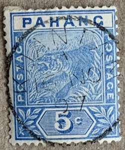 Pahang 1895 5c with full date KUANTAN cancel. Scott 13, CV $47.50. SG 13