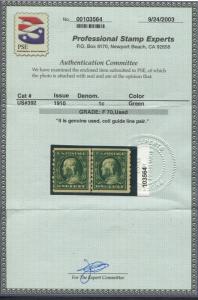 1910 US Coil Stamps #392 1c Used VF Grid Postal Cancel Guide Line Pair Certified 