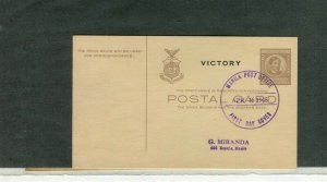 PHILIPPINES; 1945 VICTORY Postal Card fine used item Manila