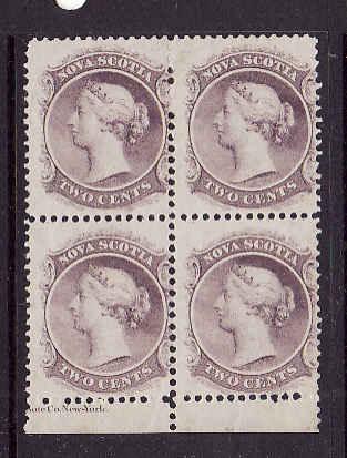 Canada-Nova Scotia #9-unused hinged 2c lilac QV block of 4-partial imprint bott