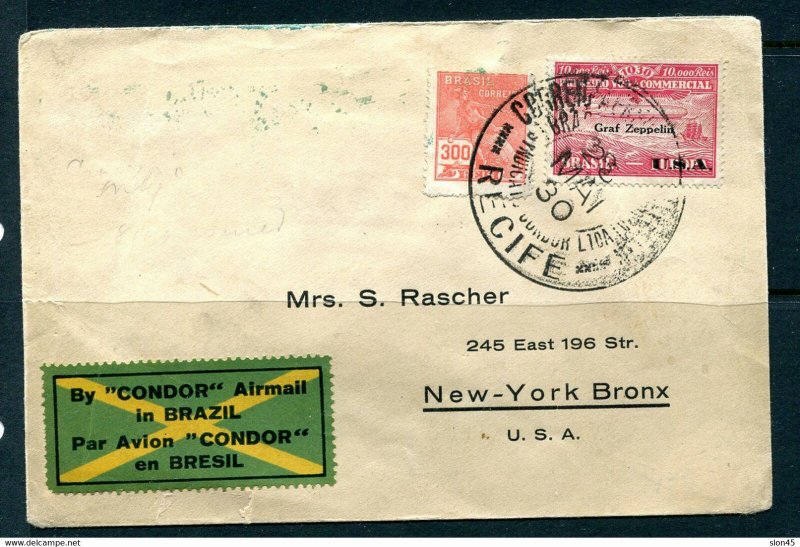 Brazil 1930 Zeppelin Cover to New York Special cancel 28.05.30 Condor label 1223 