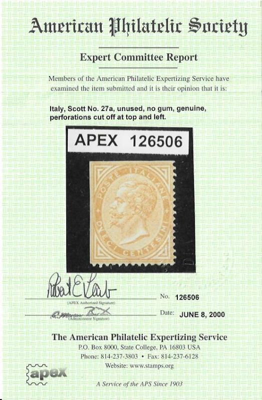 12073  Italy 27a mng 2017 SCV $3100.00 - with cert.- see below - FREE SHIPPING..