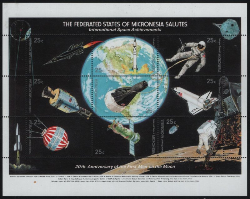 Micronesia 1989 MNH Sc 81 25c Spacecraft, astronauts 20th ann Moon Landing Sheet
