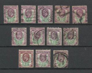 GREAT BRITAIN KGV SG: 108 -LOT OF 12 DIFFERENT PERFINS / PERFORATED STAMPS USED