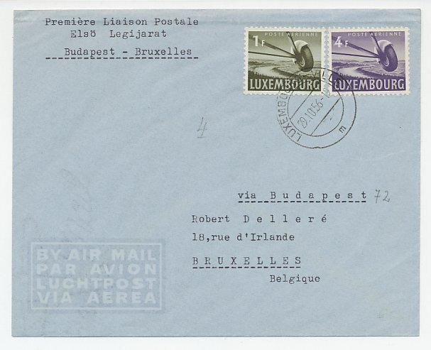 FFC / First Flight Cover Luxembourg 1956 Luxembourg - Hungary - Belgium