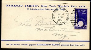 US  1939-40 NY WORLD'S FAIR RAILROAD CACHETED COVER WITH NY WORL'D FAIR CANCEL