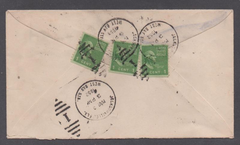 **US 20th Cent Cover, SC# E19 on U534a, Jacksonvlle, FL, 3/3/52, 3 #839 on Back