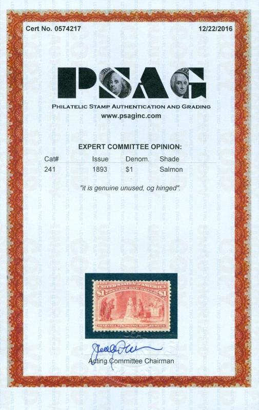 USA : 1893. Scott #241 Mint OG H. Fresh stamp with PSAG Cert. Catalog $1,100.00.