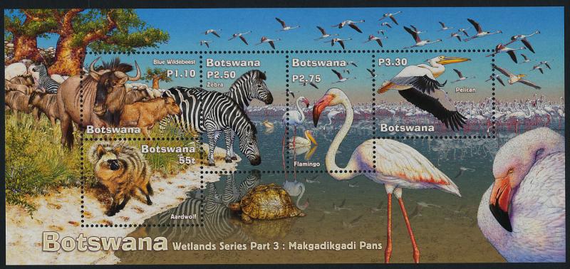 Botswana 765a MNH Birds, Pelican, Flamingo, Zebra, Wildebeest, Aardwolf