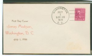 US 808 1938 4c James Madison (presidential/prexy series) solo on an unaddressed first day cover with a Louis Nix cachet.