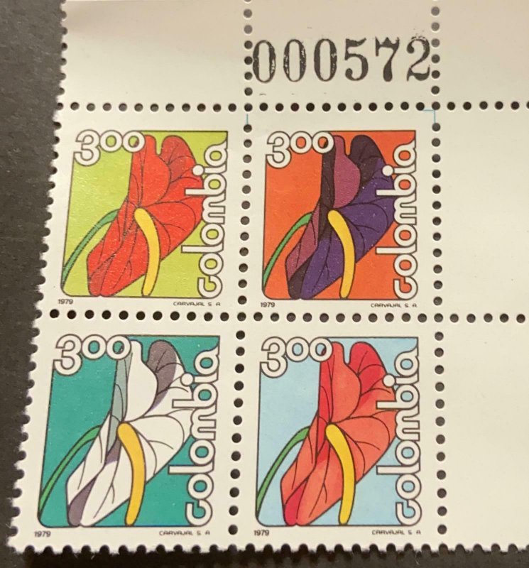 A) 1979, COLOMBIA, FLOWERS, ANTURIUMS, BLOCK OF 4, MNH