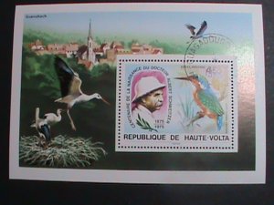 ​UPPER VOLTA-1975 CENTENARY OF DR. ALBERT SCHWEITZER-BIRDS- CTO S/S SHEET VEF