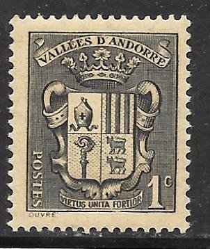 Andorra, French 65: 1c Coat of Arms, MNH, VF