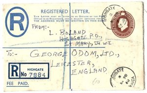 Jamaica 1960 2d reg envelope fu to UK uprated 1/4d on back (uncancelled)