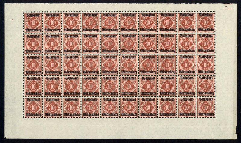 w49 Wurttemberg Scott #O47 10pf rose Mint OG NH full pane of 50 Scarce