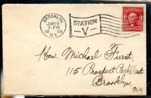 UNITED STATES 1908 COVER WITH STATION V FLAG CANCELLATION