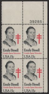 SC#1823 15¢ Emily Bissell Plate Block: UR#39285 (1980) MNH