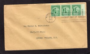 908 Four Freedoms, FDC strip/3 w/plate # no cachet addressed