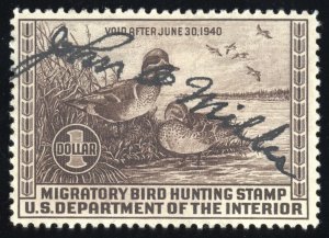 US Scott RW6 Used  $1 Green Winged Teal Chocolate 1939 Lot ABUS017 bhmstamps