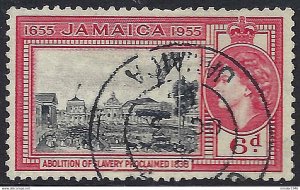 JAMAICA 1955 QEII 6d Black & Carmine-Red, Tercentenary Issues-Abolition of Sl...