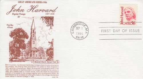 1986 John Harvard (Scott 2190) Gamm FDC 