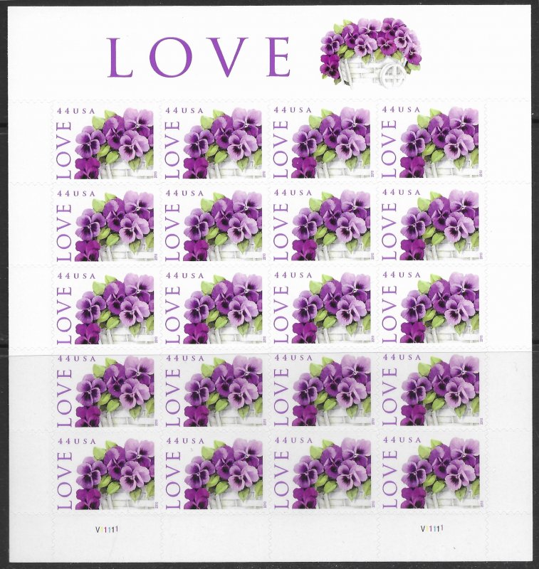 US #4450  MNH full sheet of 20. Love - Pansies in a Basket.