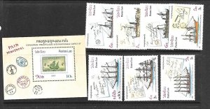 LAOS Sc 788-95 MNH issue of 1987 - SET+S/S - SHIPS, COVERS ON STAMPS