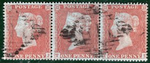 GB IRELAND Penny Red STRIP SG.17 1d Plate 191 (TJ-TL) CASTLEDERG Numerals RBR21