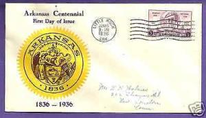 782-23  ARKANSAS CENT. 3c 1936 AT LITTLE ROCK, FIRST DAY COVER, UNKNOWN ...